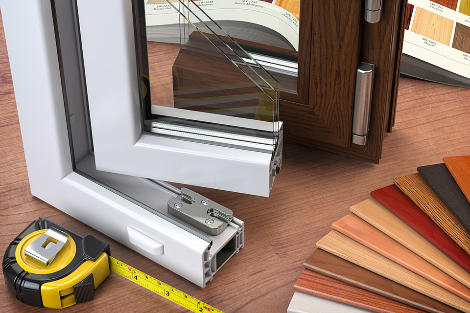 Querschnitt eines PVC-Kunststofffensters und Katalog mit Uhren im Büro. 3D-Illustration